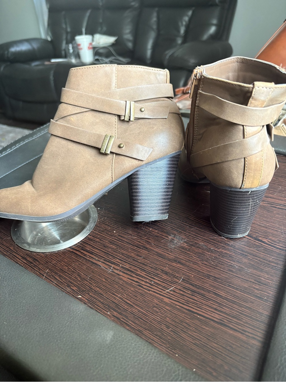 Soda Tan Faux Suede Ankle Booties with Wrap Straps